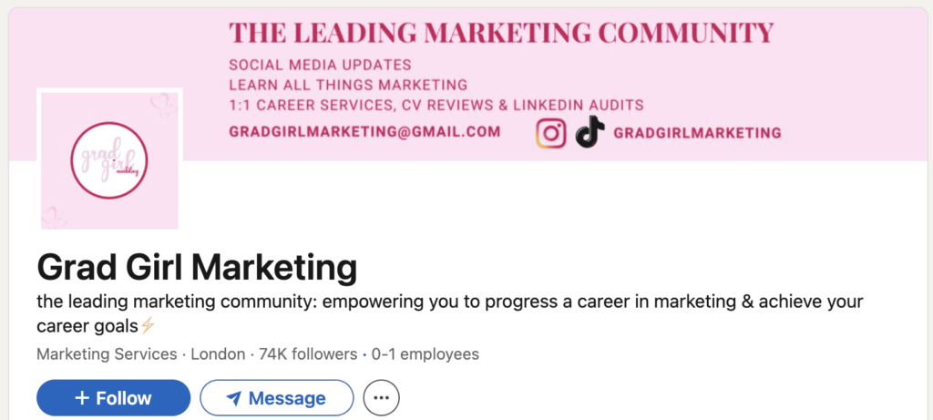 Grad Girl Marketing LinkedIn page