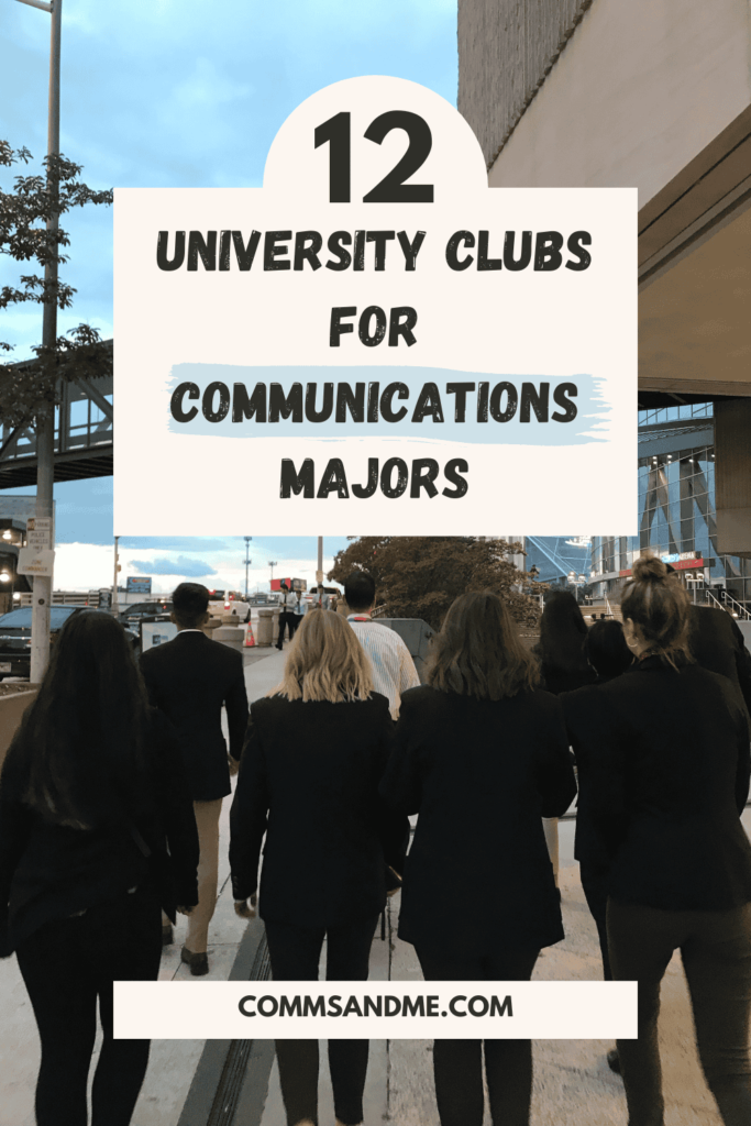 students walking with words twelve university clubs for comms majors